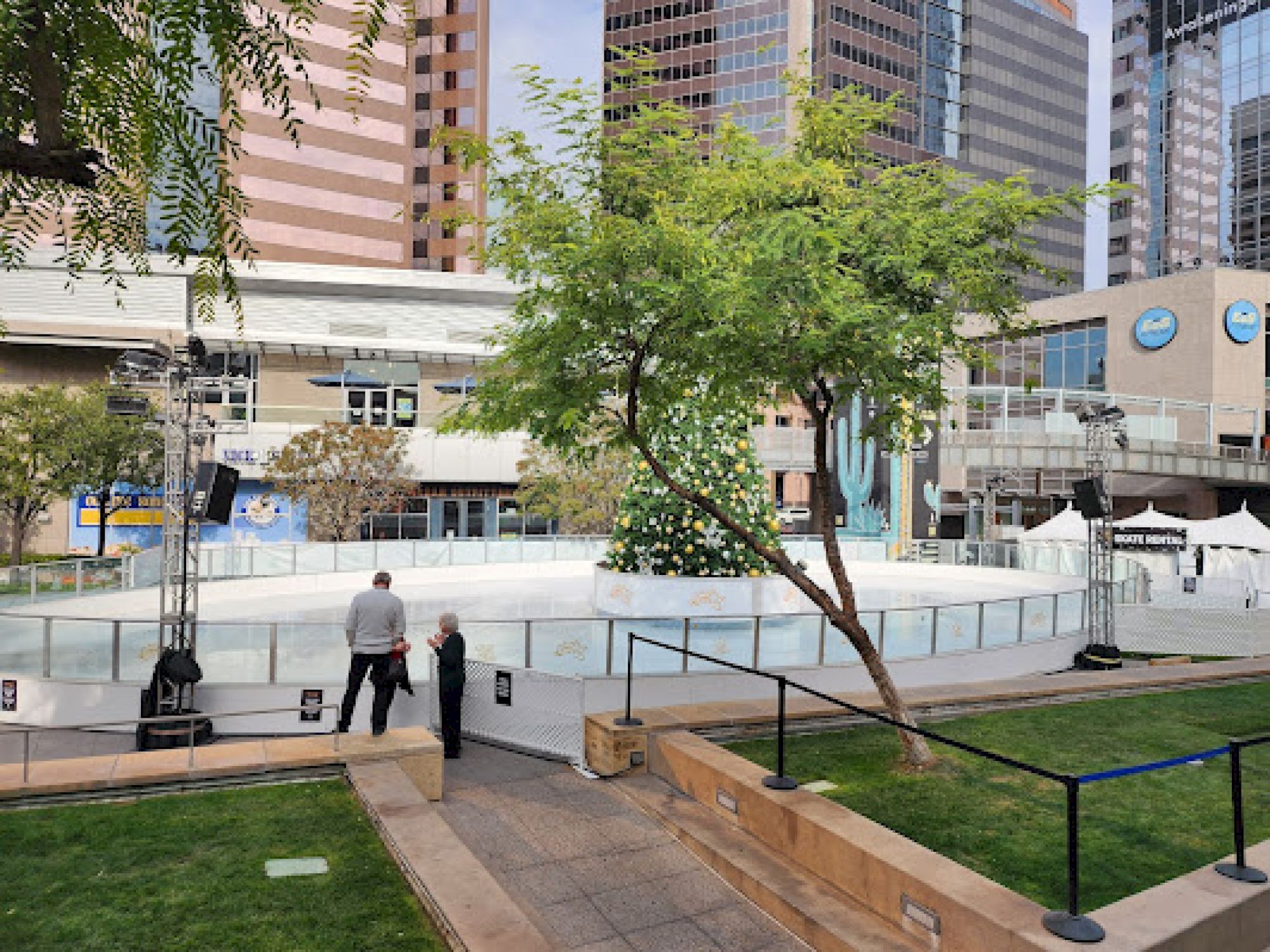 An outdoor ice skating rink surrounded by buildings, people watching, and a tree in the foreground.